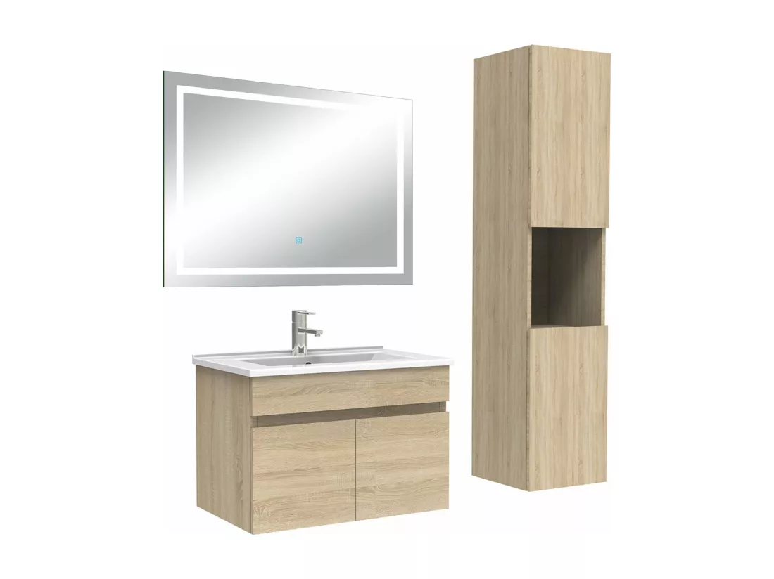 Ensemble meuble salle de Bain 60cm avec colonne + miroir 3 couleurs Chêne Wotan