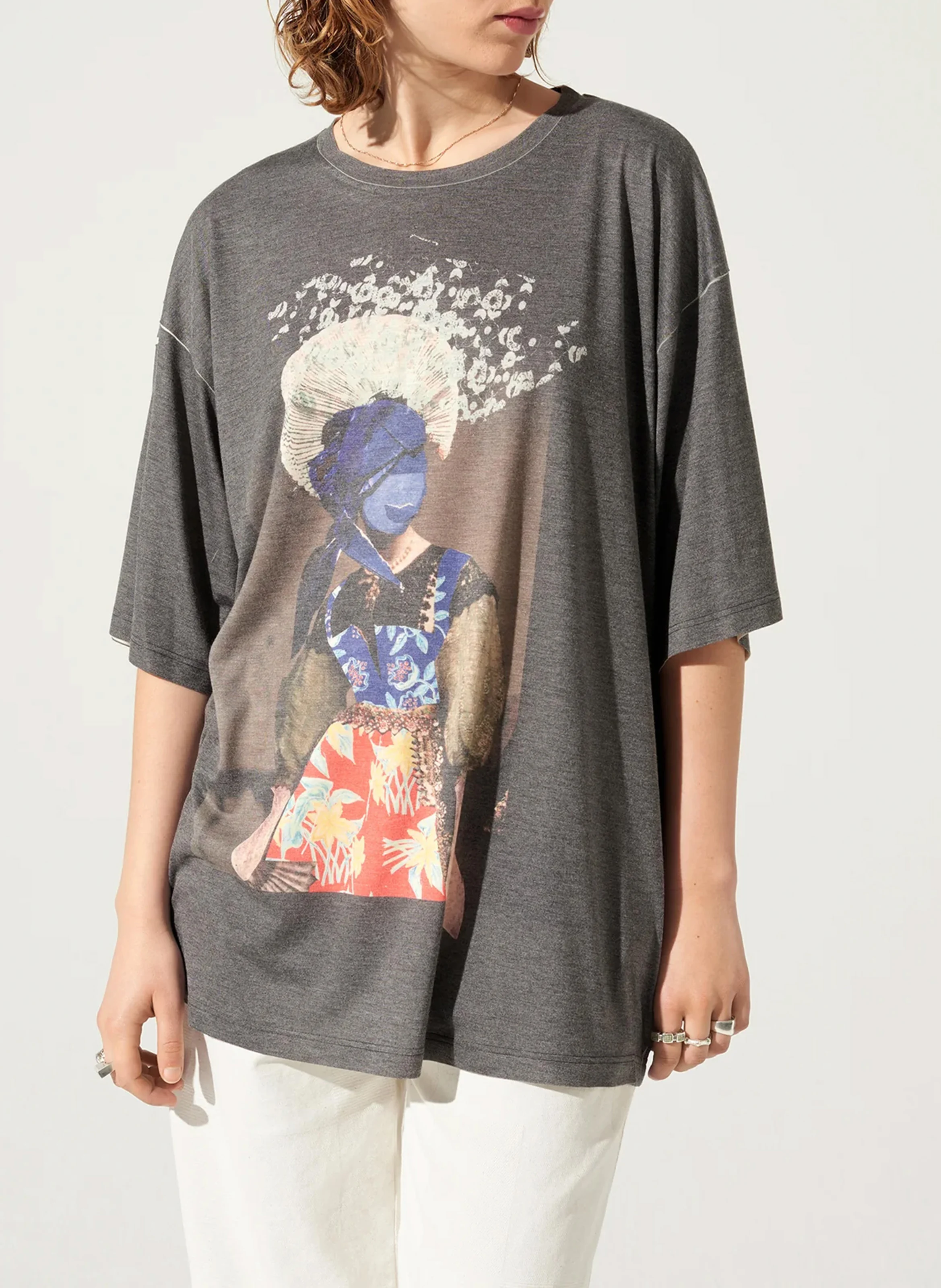 Tee-shirt col rond ample imprimé | Bleu