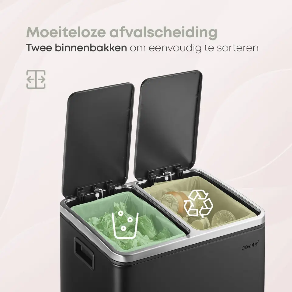 O’DADDY Prullenbak 60L - 2 Vakken - Voetbediening - Soft-Close - Zwart