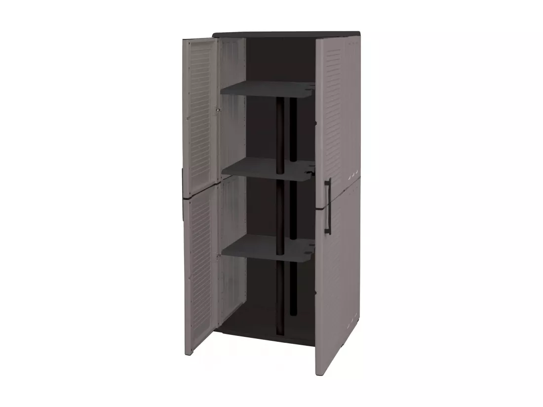 Armoire d'extérieur Geel, Armoire porte-balai polyvalente, Armoire d'extérieur 2 portes, 100% Made in Italy, Finition rayée, 68x37h163 cm, Gris et Noir