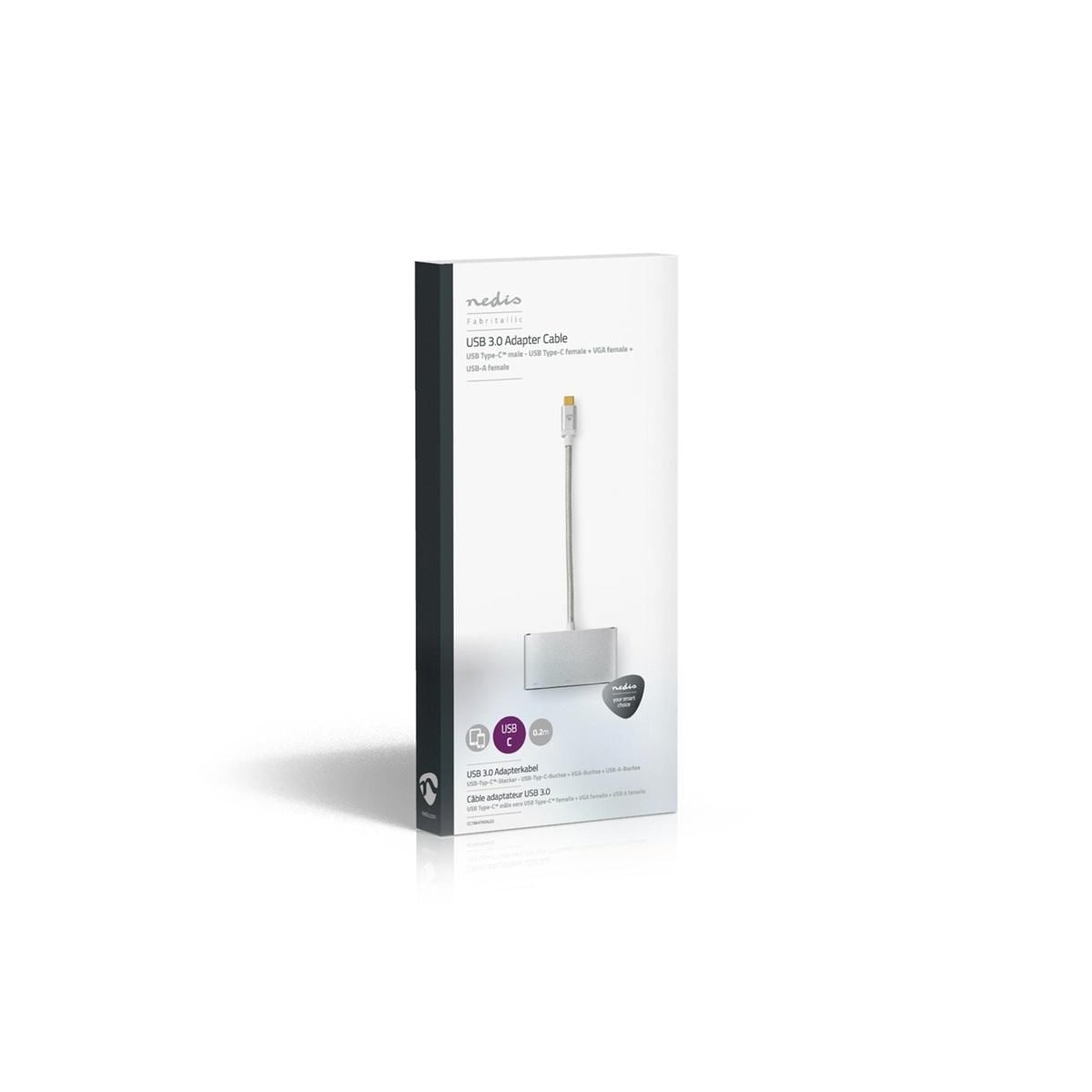 Nedis USB Multi-Port Adapter | USB 3.2 Gen 1 | USB-C™ Hann | USB-A Hun / USB-C™ Hunn / VGA Hun 15p | 5 Gbps | 0.20 m | Rund | Gull belagt | Flettet / Nylon | Sølv | Deksel Vindusboks