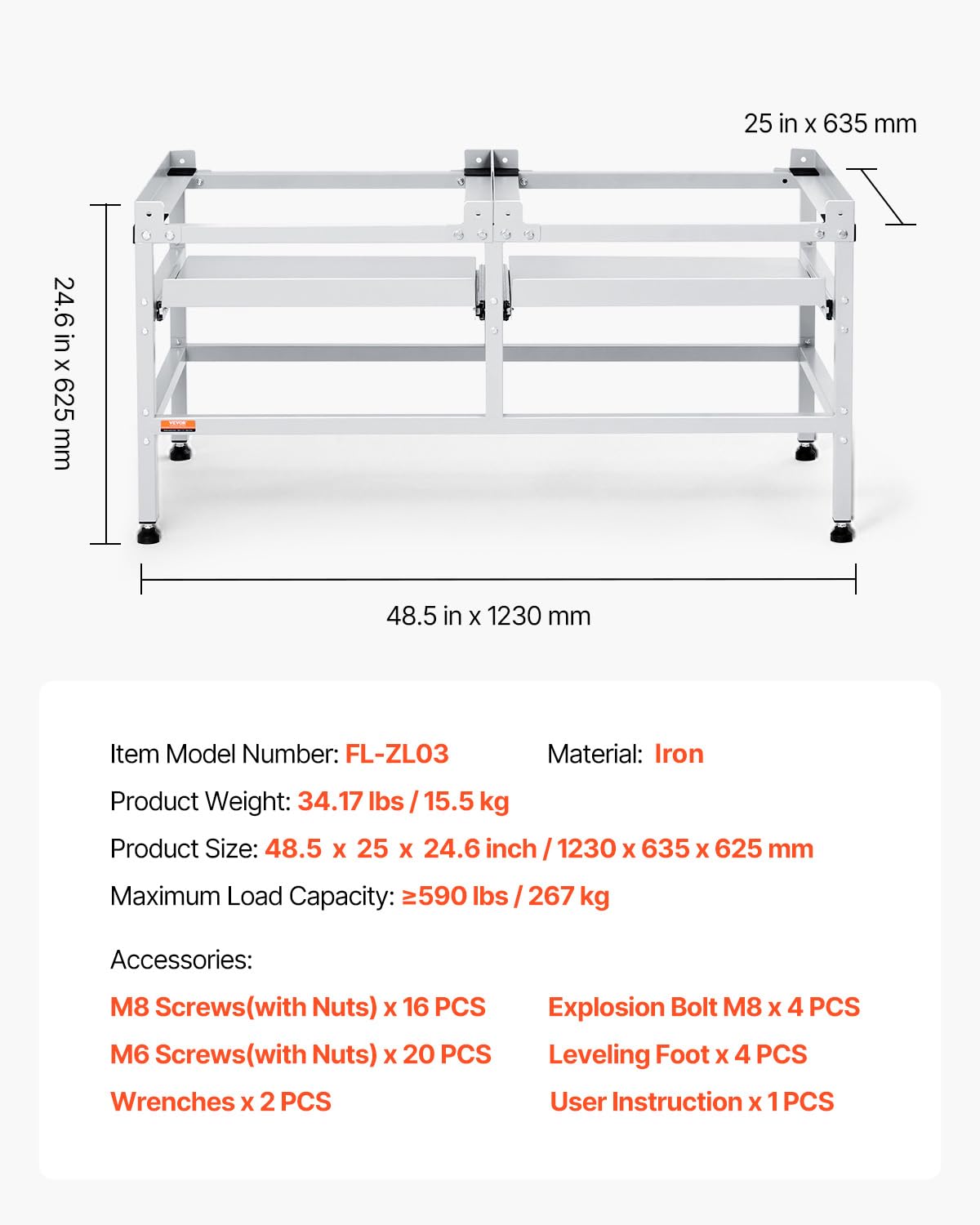 VEVOR Waschmaschinen-Untergestell, 1230x635x625 mm Podest für Waschmaschine, 267 kg Tragkraft, Waschmaschinen- & Trocknersockel mit Doppelablagen, 4 verstellbare Füße zum Anheben von Waschmaschinen
