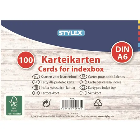 Stylex Karteikarten DIN A6, liniert, weiß, 100 Stück