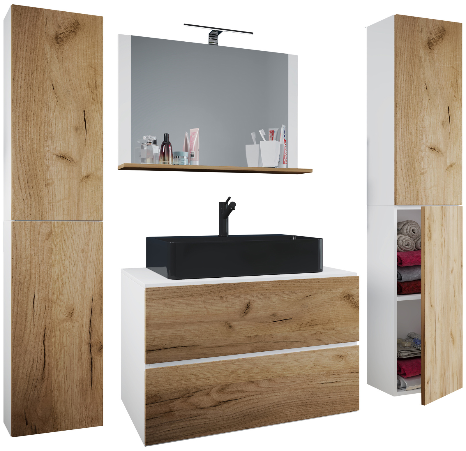 5-teiliges Badmöbel-Set LENDAS BL XL - weiß - Honig Eiche - 80 cm