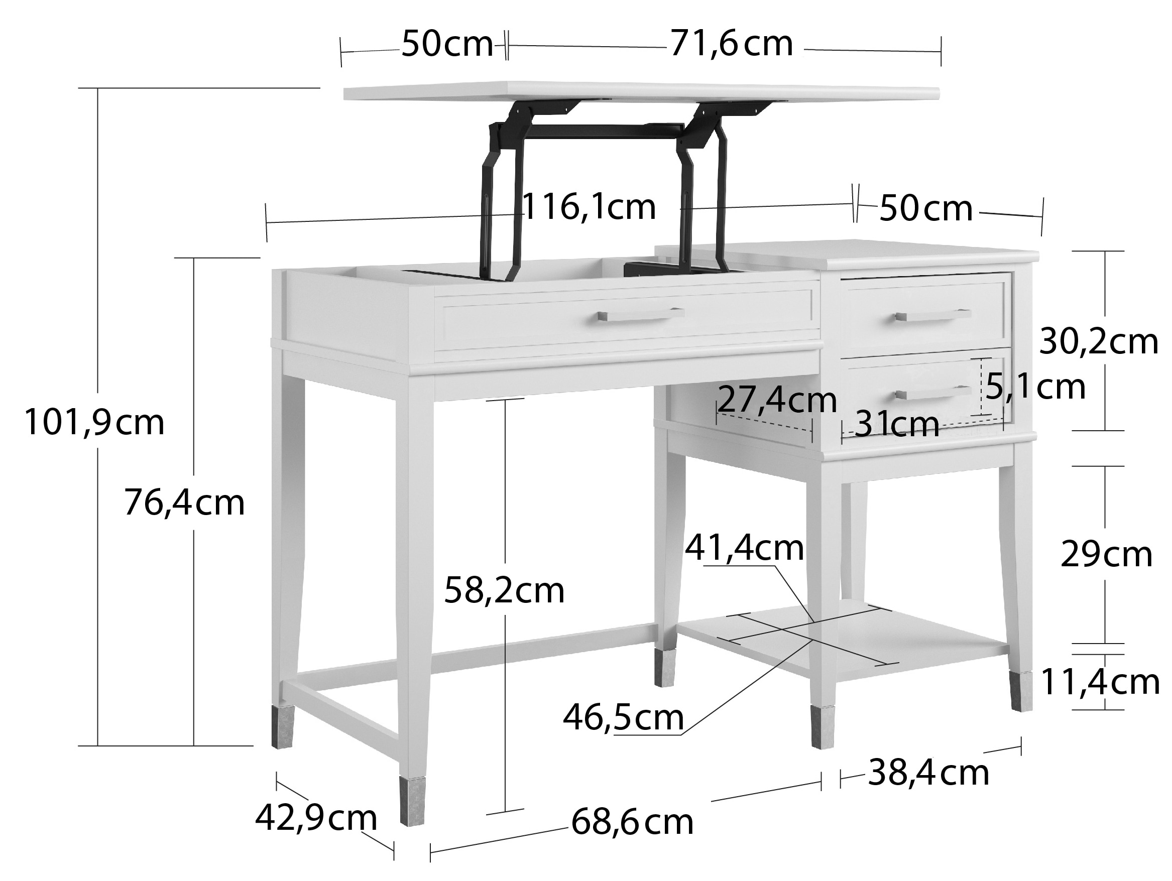 CosmoLiving by Cosmopolitan Schreibtisch »Westerleigh« 1 Stk. tlg. höhenverstellbar, mit 2 Schublade, Beine Massivholz, Griffe aus Metall