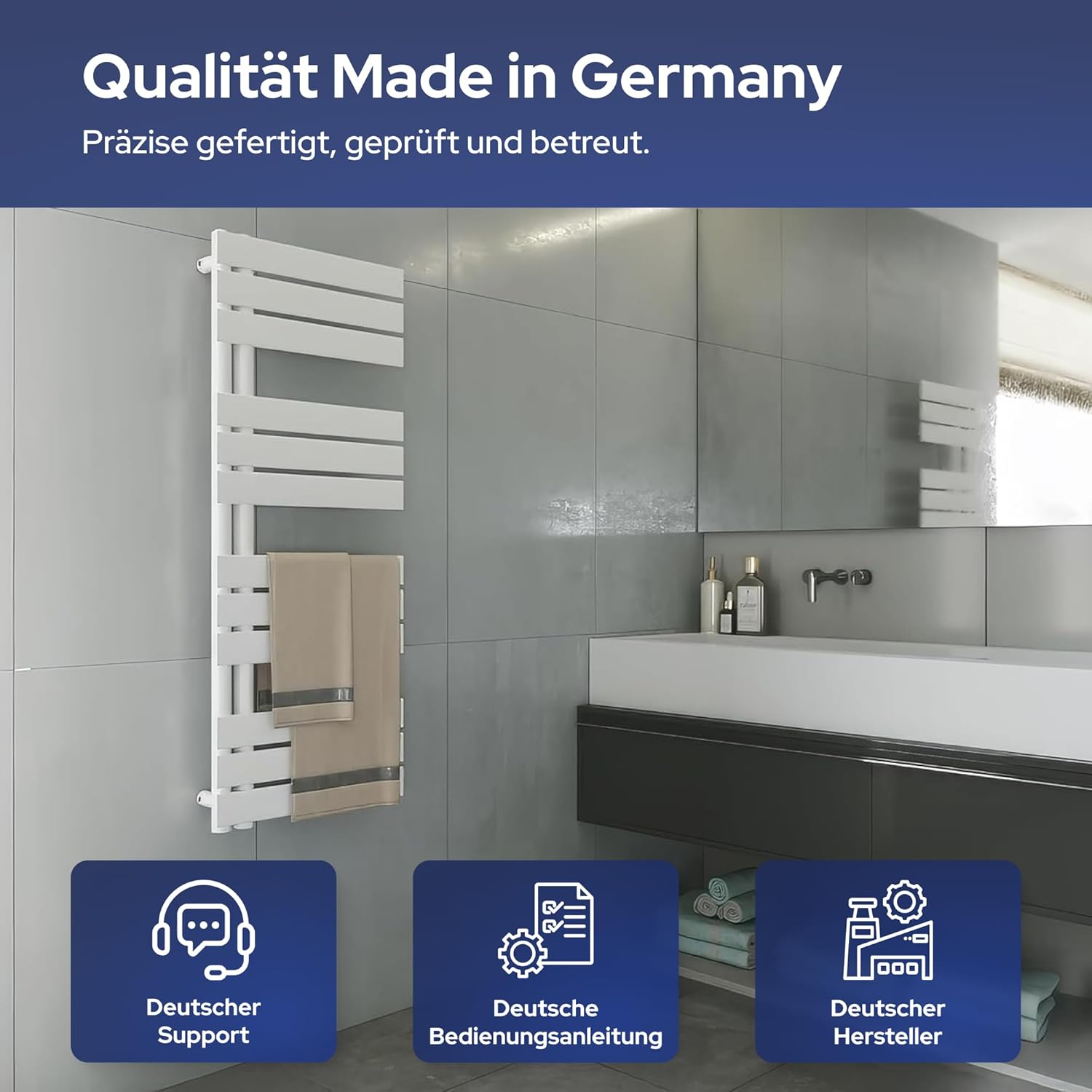 VILSTEIN® Badheizkörper [120x45cm] - Handtuchheizkörper Elektrisch einsetzbar [SEITLICH OFFEN] - Handtuchtrockner Badezimmer - Handtuch Heizkörper Bad - Handtuchheizung - Wandheizkörper - (Weiß)