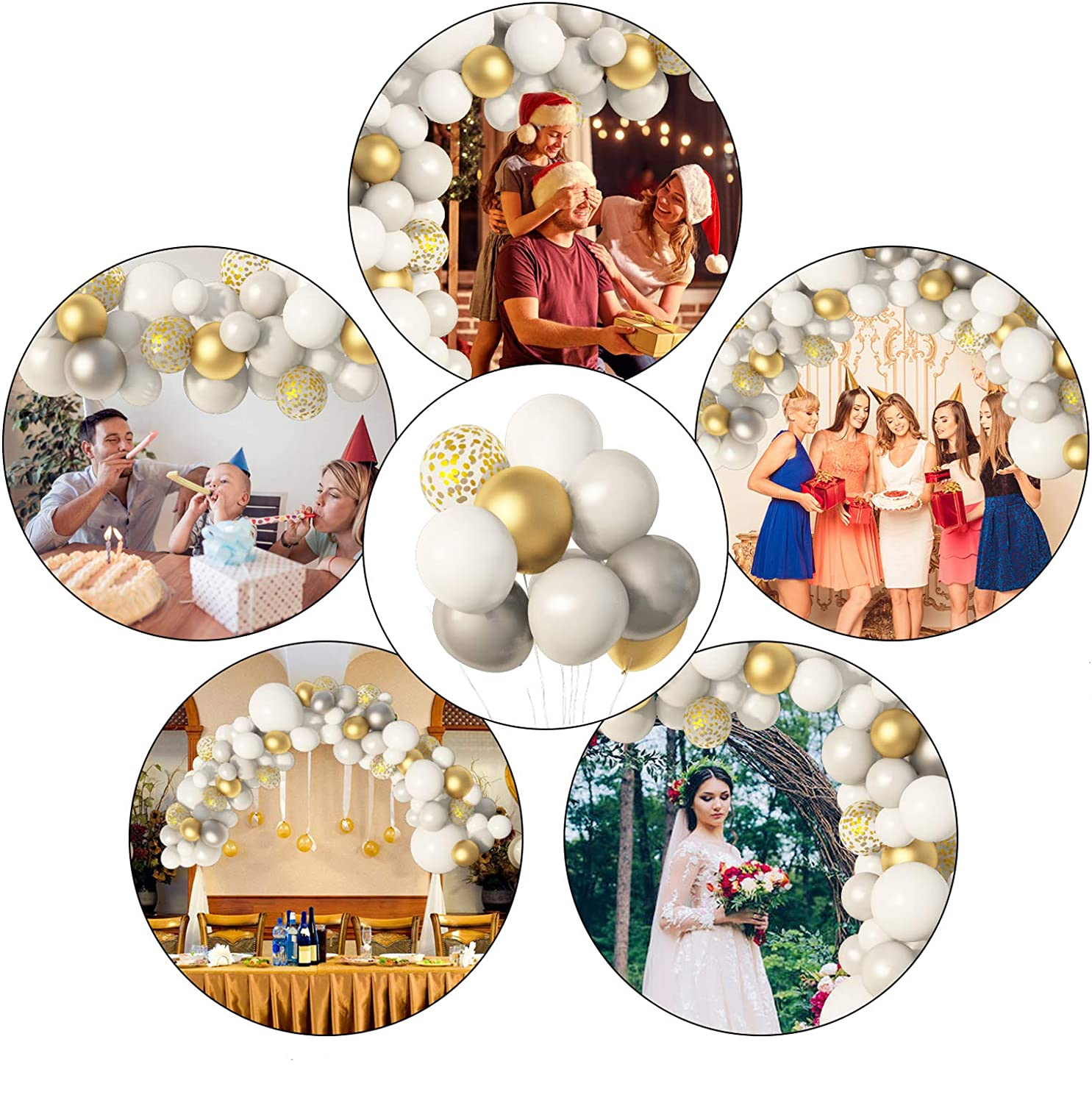 (137-tlg. Set) Party Ballons Luftballons mit Konfetti - Weiss / Grau / Gold