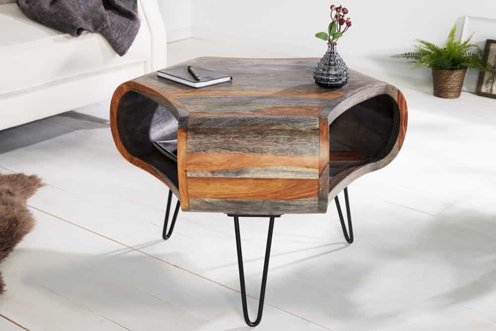 Retro Couchtisch ORGANIC LIVING 70cm grau Sheesham Massivholz mit Stauraum Hairpin Legs