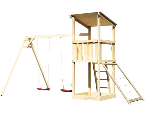 Speeltoren/speelhuis Karibu Anna, 107 x 107 cm, van hout, bestaande uit 2 schommelsets en een nethelling.