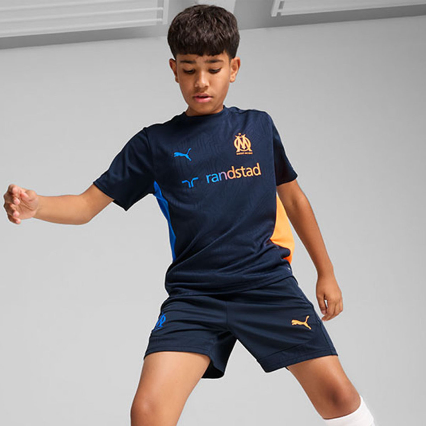 PUMA Olympique Marseille Trainingsshirt 2024-2025 Kids Donkerblauw Blauw Oranje