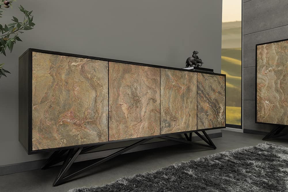 Massivholz Sideboard MOUNTAIN SOUL 175cm grau grün Naturstein Akazie schwarz