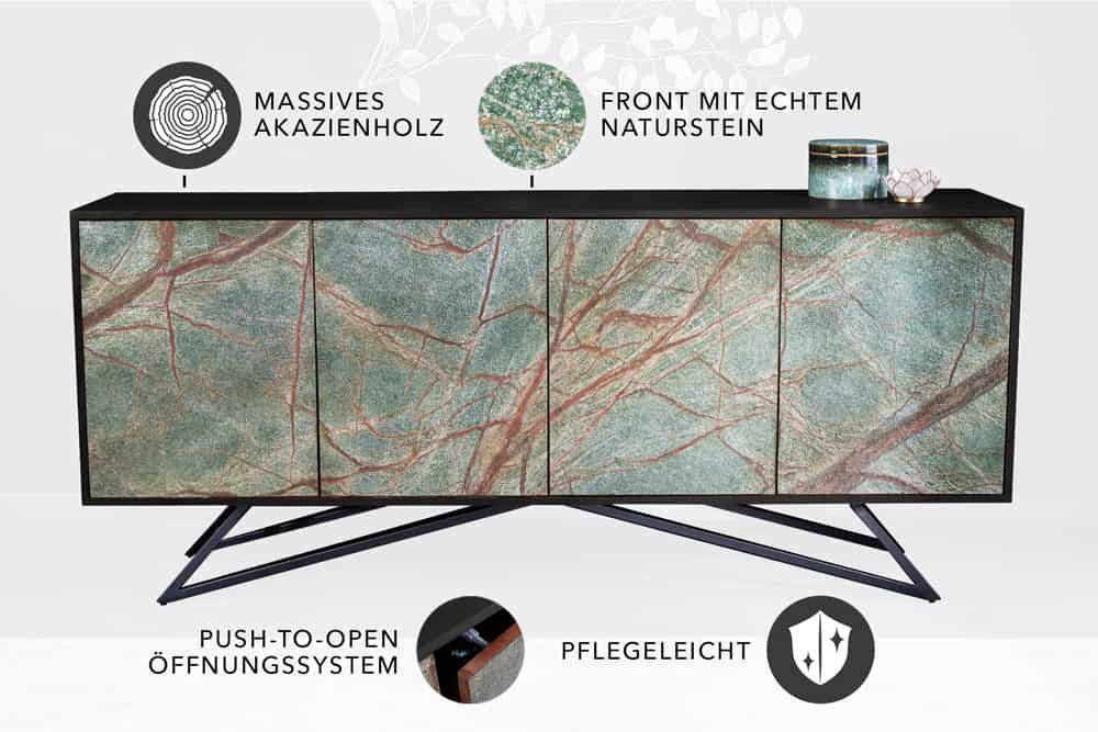 Massivholz Sideboard MOUNTAIN SOUL 175cm echter Naturstein schwarz Akazie Anrichte