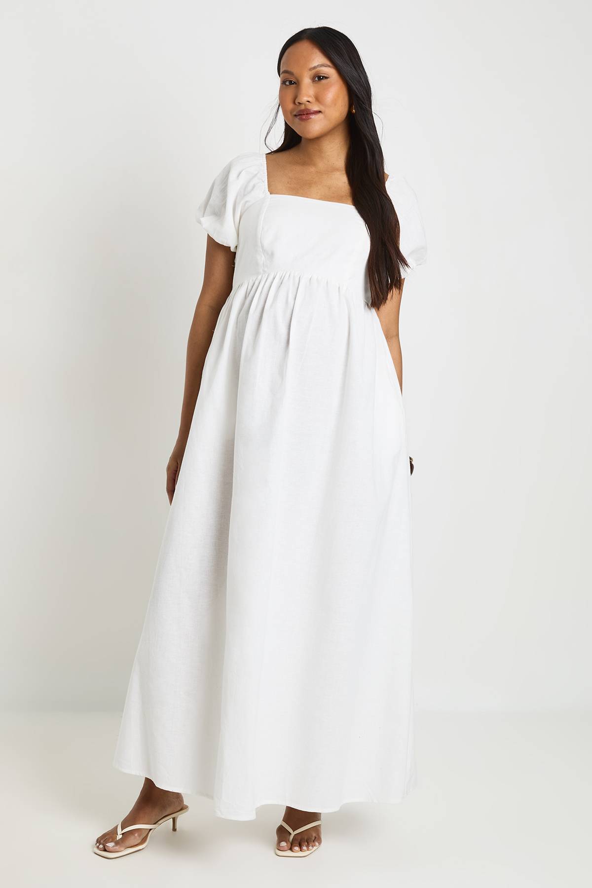 boohoo Robe Maxi De Maternité En Lin À Manches Bouffantes Et Corsage Froncé