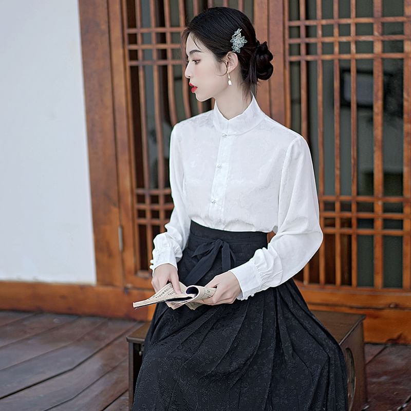 Girls Supply - Blouse met lange mouwen en opstaande kraag, jacquardmotief / Maxi-A-lijn rok met hoge taille en plooien / Set
