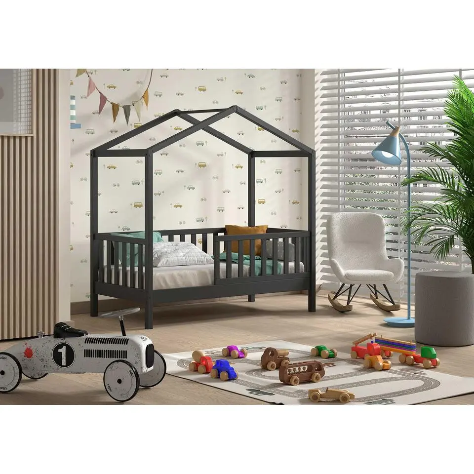 Kinderbed Dallas - 70x140 cm - antraciet/massief grenen