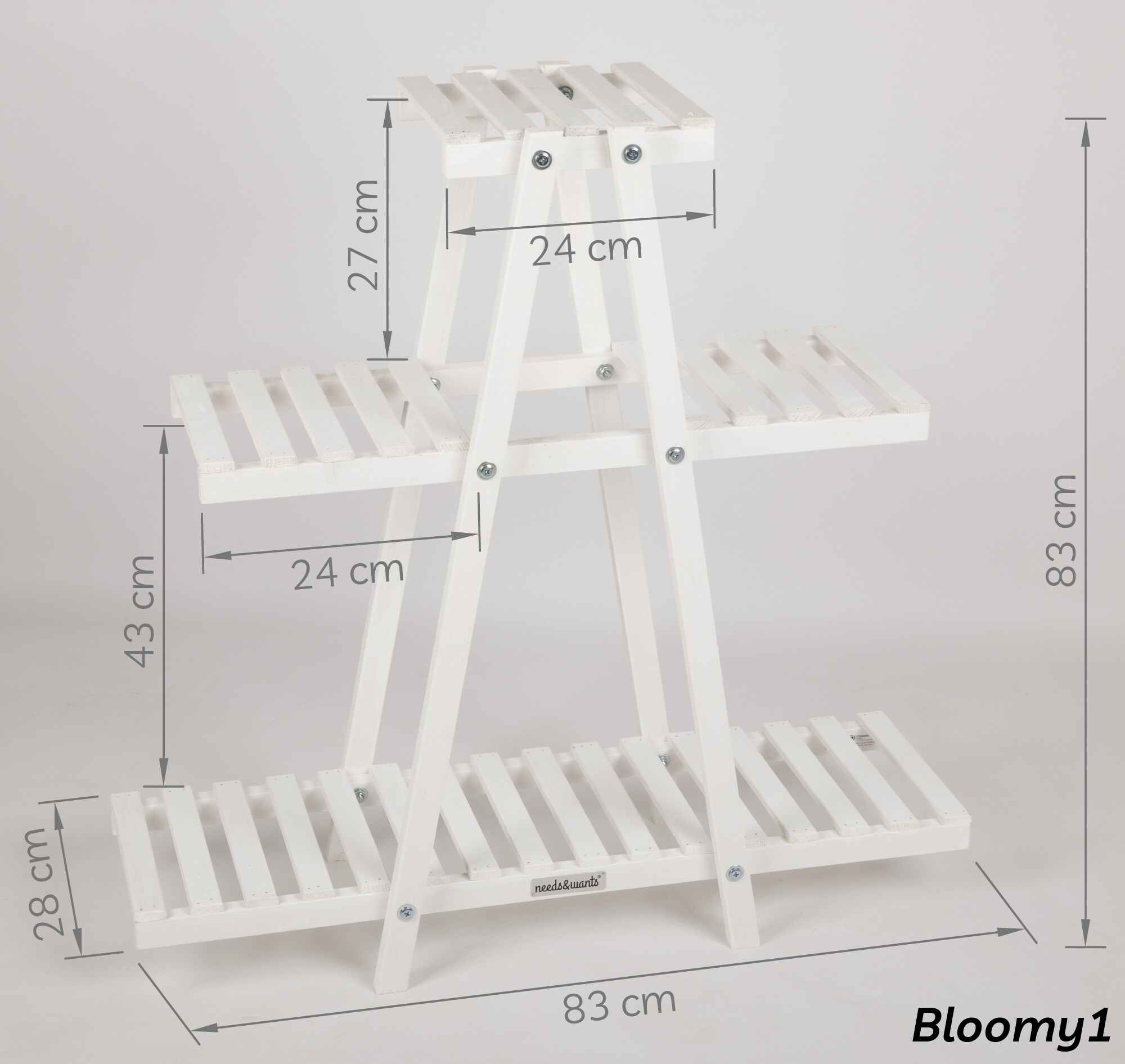 needs&wants® Pflanzenständer Blumenständer aus Holz wetterfest für Indoor Outdoor Balkon Garten draußen innen Wand, Pflanzenregal Blumentreppe, 83 x 28 x 83 cm hoch, weiß