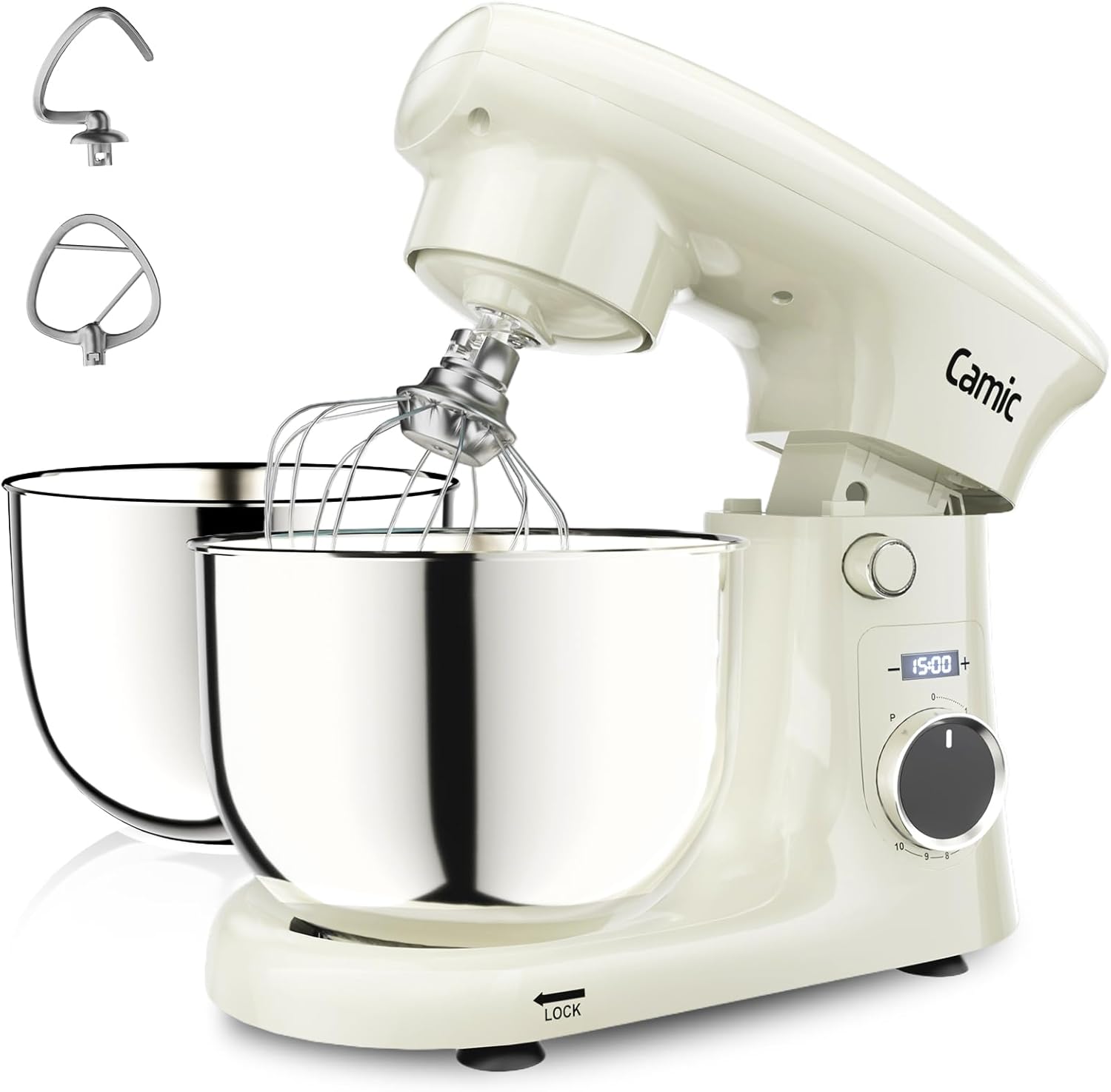 Camic Küchenmaschine mit 3 Zubehörteilen (Knet, Rühr, Schneebesen), Teigmaschine mit LED-Display, Zeit einstellen, 10 Geschwindigkeitsstufen, 2 Edelstahlschüsseln 4L+5L, für Teig, Brot, Pizza, Kuchen