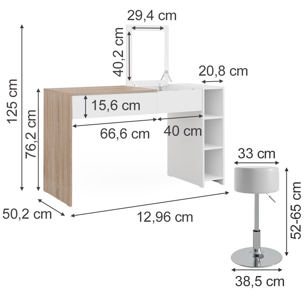 Vicco Schminktisch Kira, 129 x 76 cm, Weiß Sonoma, Frisiertisch, Spiegel, Hocker, modern