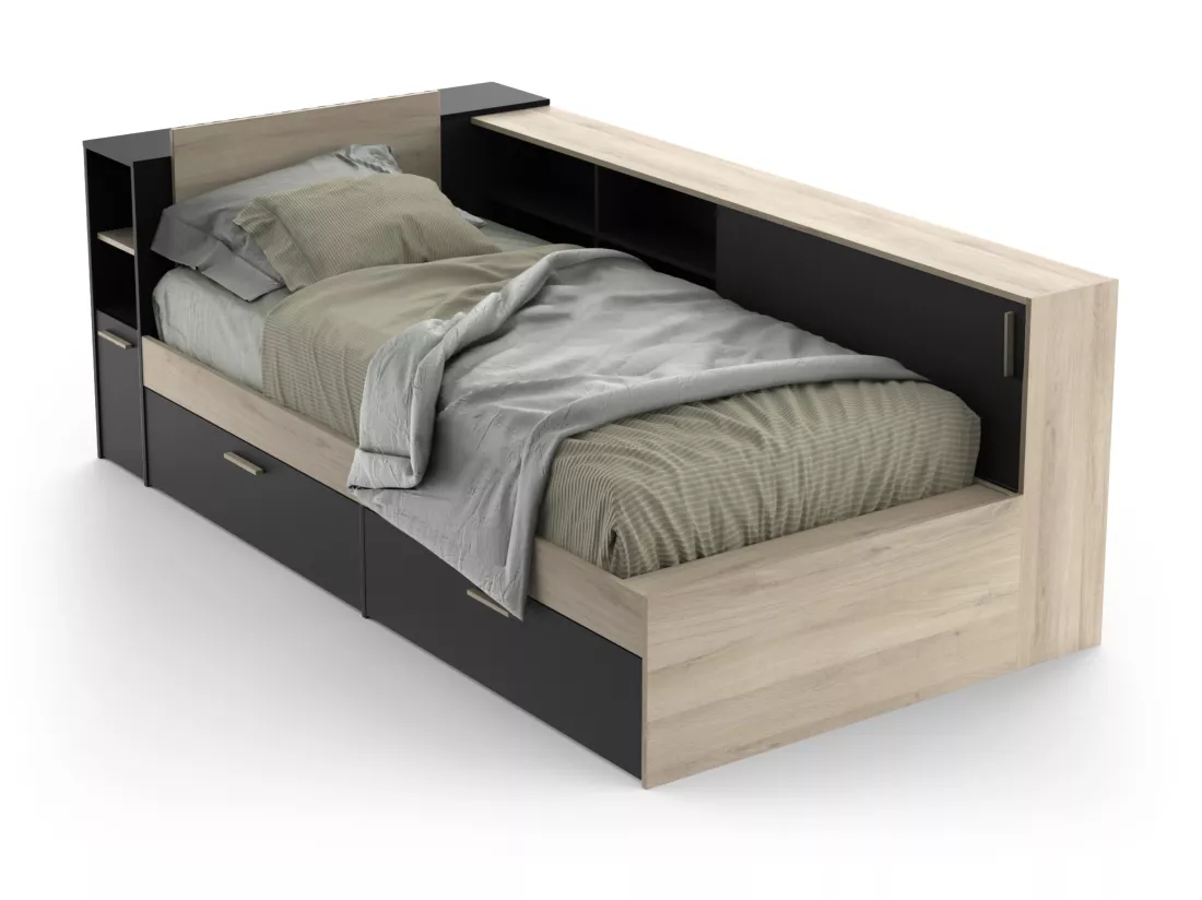 Lit modulable 90 x 190/200 cm avec rangements - Noir et naturel - LIARA