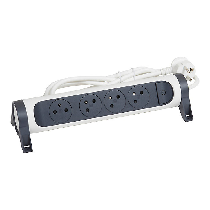 Multiprise avec interrupteur 4 prises rotative à fixer Legrand blanc et gris 1.5 m