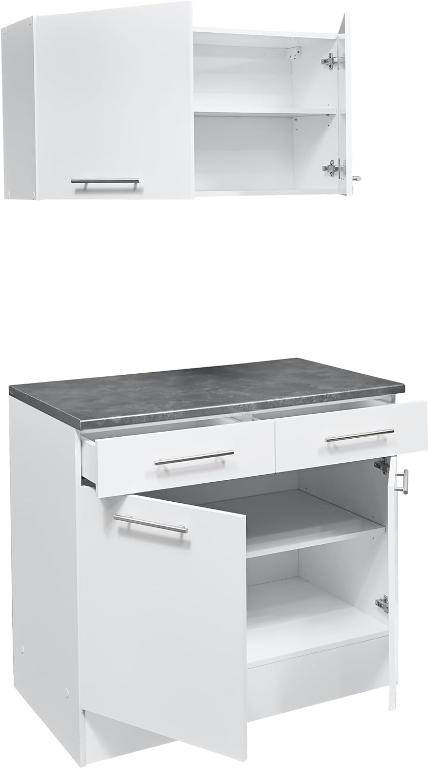 möbelando Eddy Moderner Küchenunterschrank in Weiß matt, Metallic Grau - Geräumiger Unterschrank Küche mit viel Stauraum - 100 x 90 x 60 cm (B/H/T)