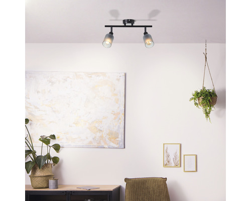 Plafondspot, 2-lichts, HxBxD 18x39,5x8 cm, zwart/rookglas