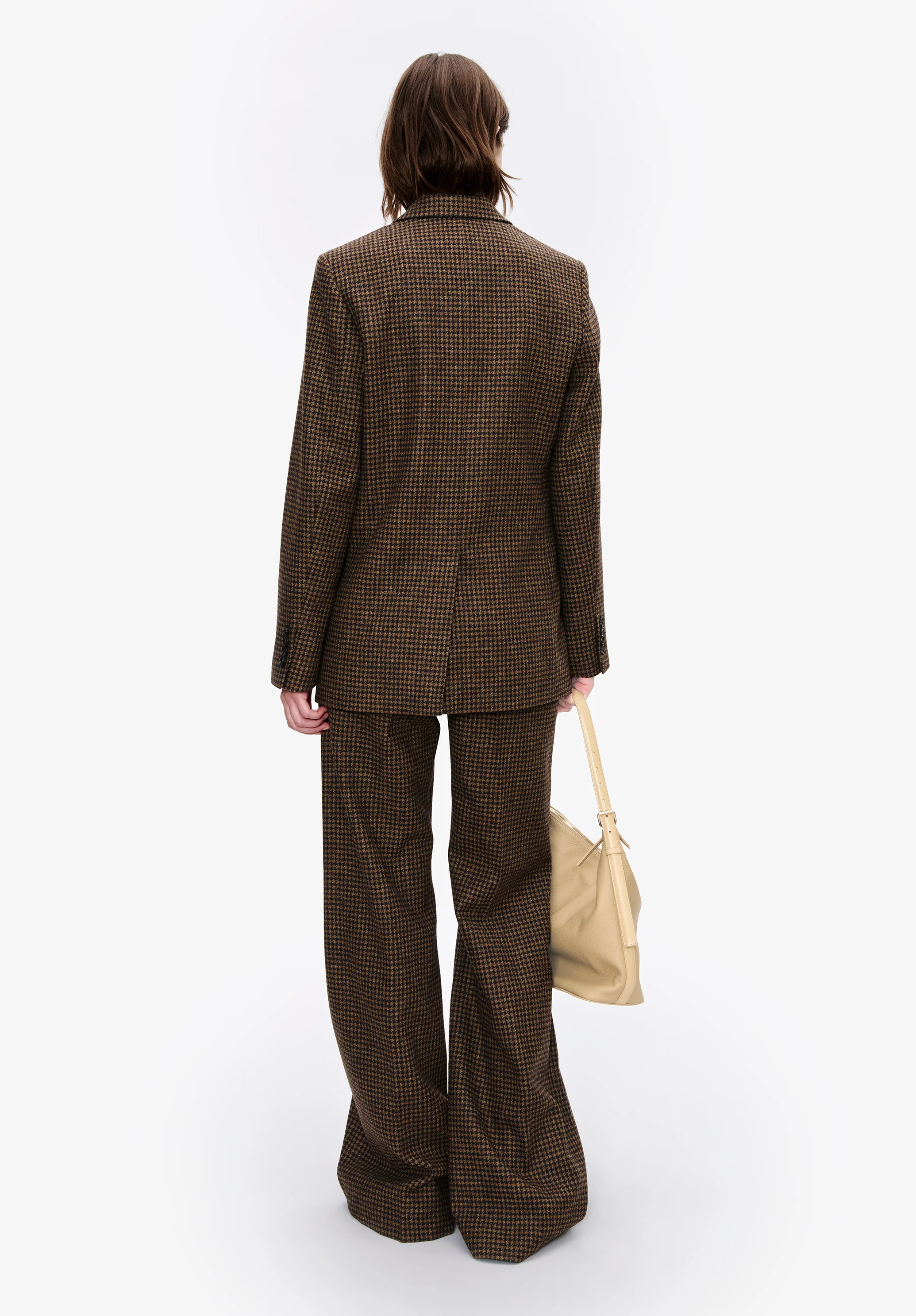 Pantalon pied de poule droit à plis - Noisette