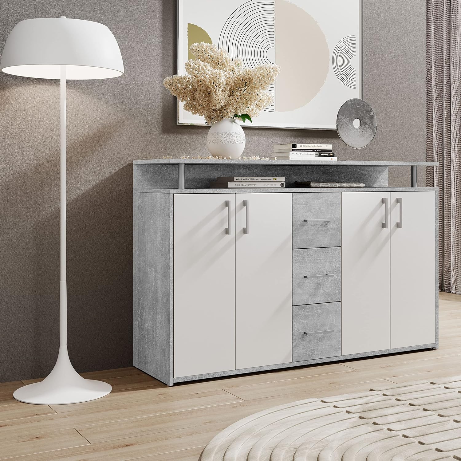 DRIFT Sideboard mit Ablage in Beton Optik, Weiß - Moderne Kommode mit Schubladen und viel Stauraum für Ihren Wohnbereich - 139 x 90 x 34 cm (B/H/T)