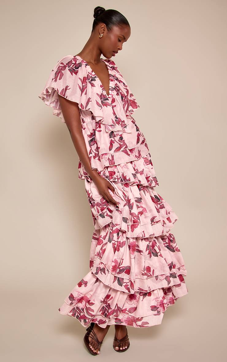 Rose Robe Maxi À Col V À Volants Extrêmes Imprimé Floral