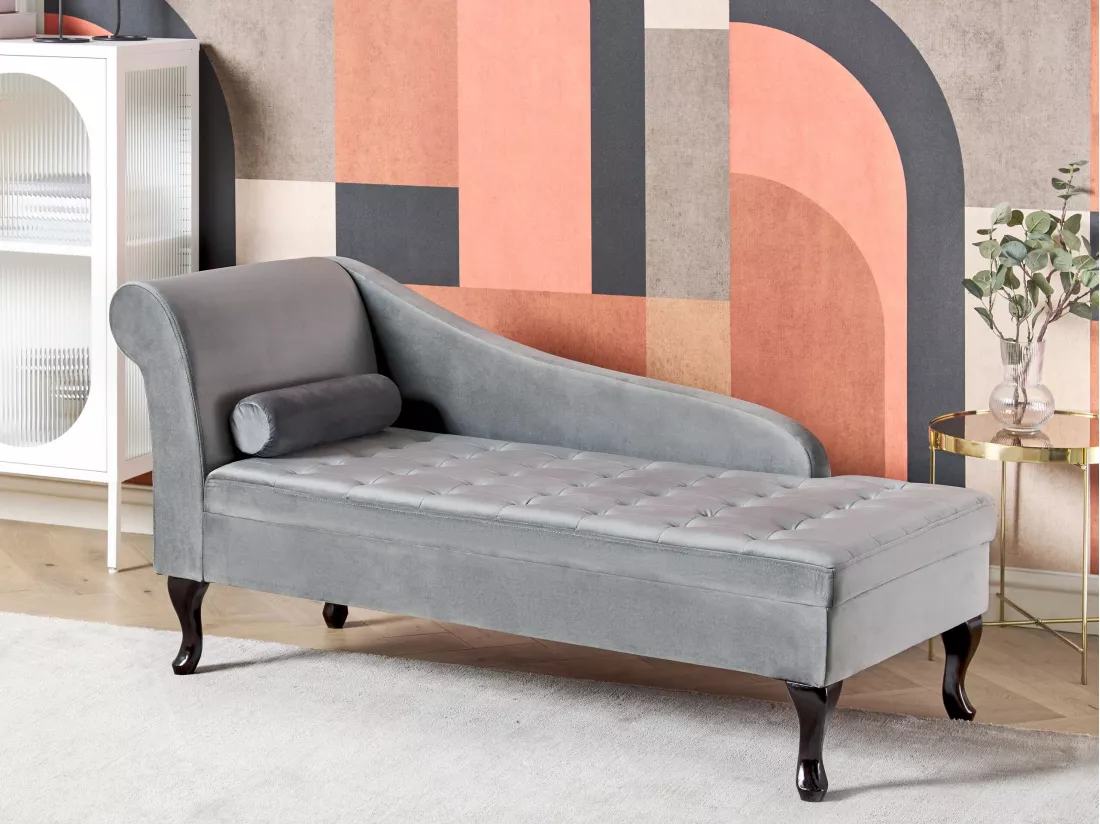 Chaise longue côté droite en velours gris clair avec rangement PESSAC