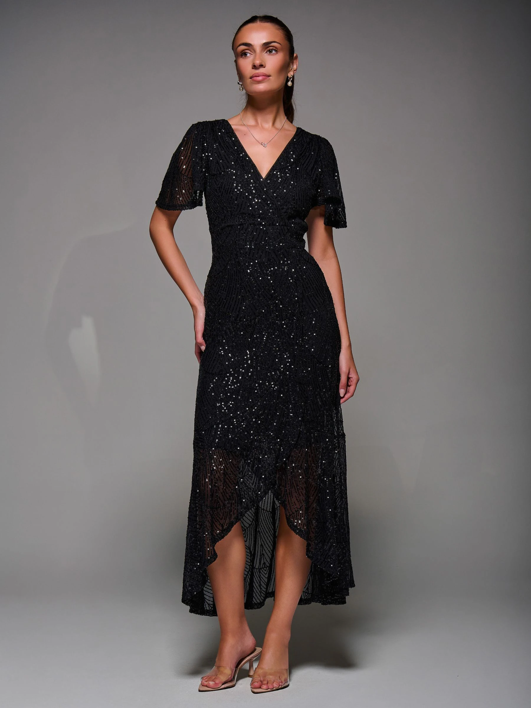 Denim zwart - Jolie Moi Sequin Angel Sleeve Ruffle Hem Maxi Dress