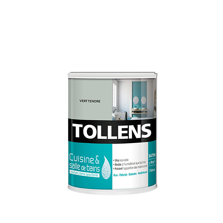 Peinture murs et plafonds Cuisine et bains satin vert tendre Tollens 0,75 L