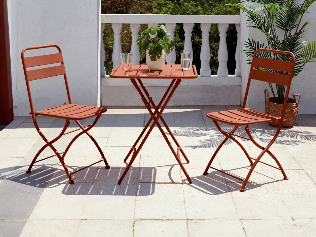 Salle à manger de jardin pliante en métal - une table L.60 cm et 2 chaises pliantes - Terracotta - MIRMANDE de MYLIA