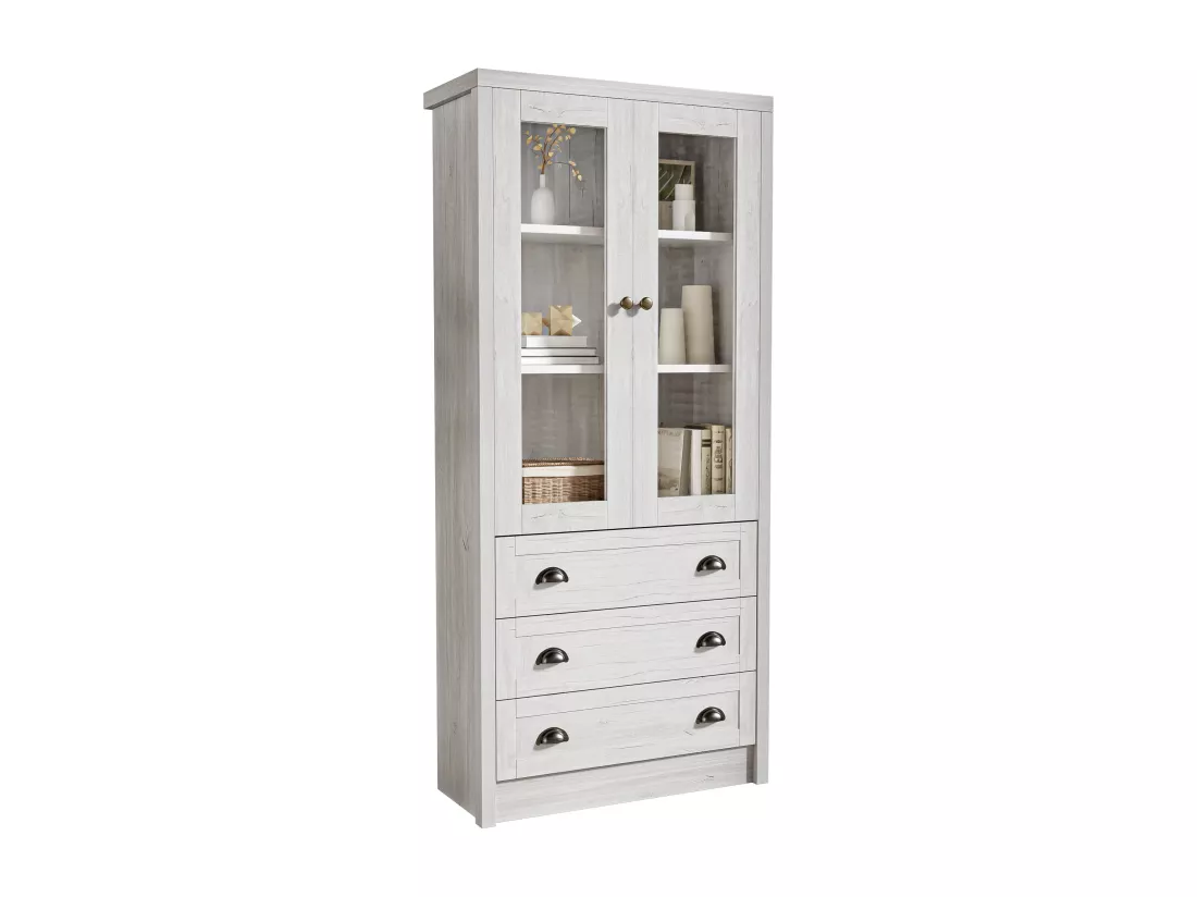 Armoire haute moderne 80x34x171 cm - avec 2 portes vitrées - 3 tiroirs - blanc