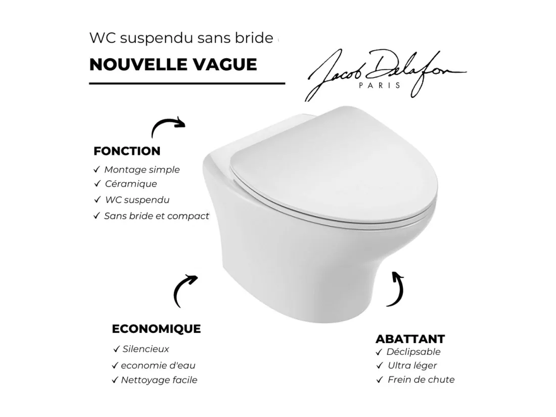 Pack WC suspendu sans bride JACOB DELAFON Nouvelle vague+ bâti-support + plaque Blanc brillant/Blanc mat + accessoires
