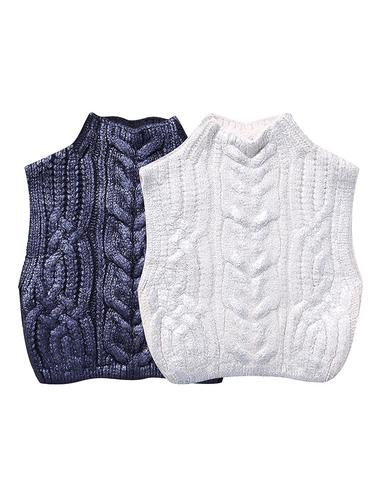 SugaYuja - Mock Neck Cable Knit Plain Crop Sweater Vest
