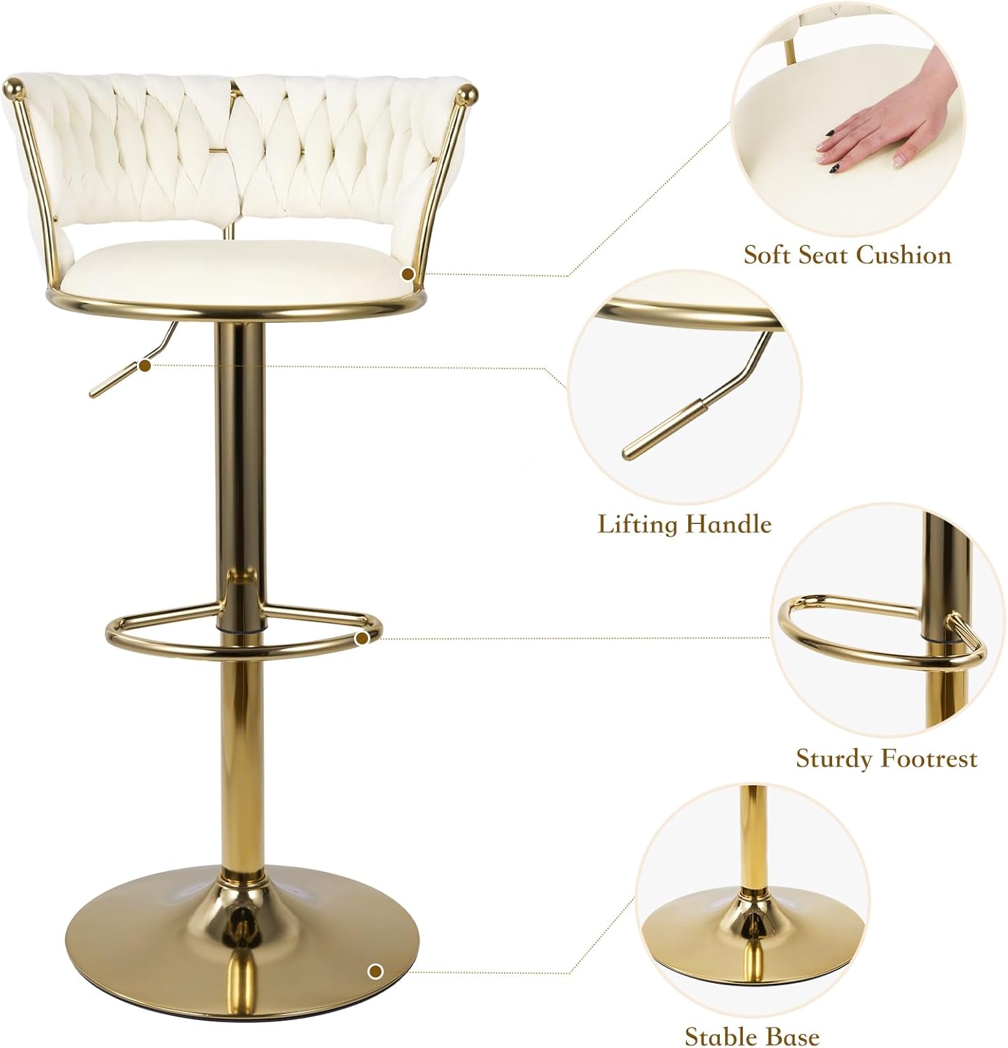 Aivermeil Barhocker 2er Set | Höhenverstellbar Barstuhl mit Metallrahmen • Ergonomisch Küchenhocker mit geflochtener Rückenlehne für Küche/Hausbar • Gold/Beige