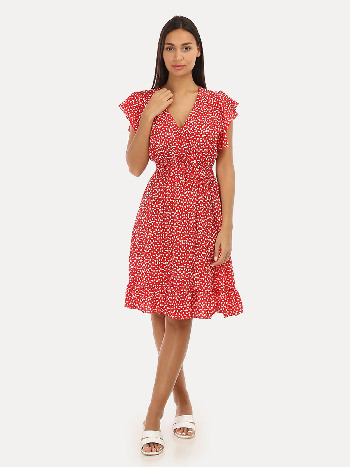 Robe à fleurs et volants- Rouge