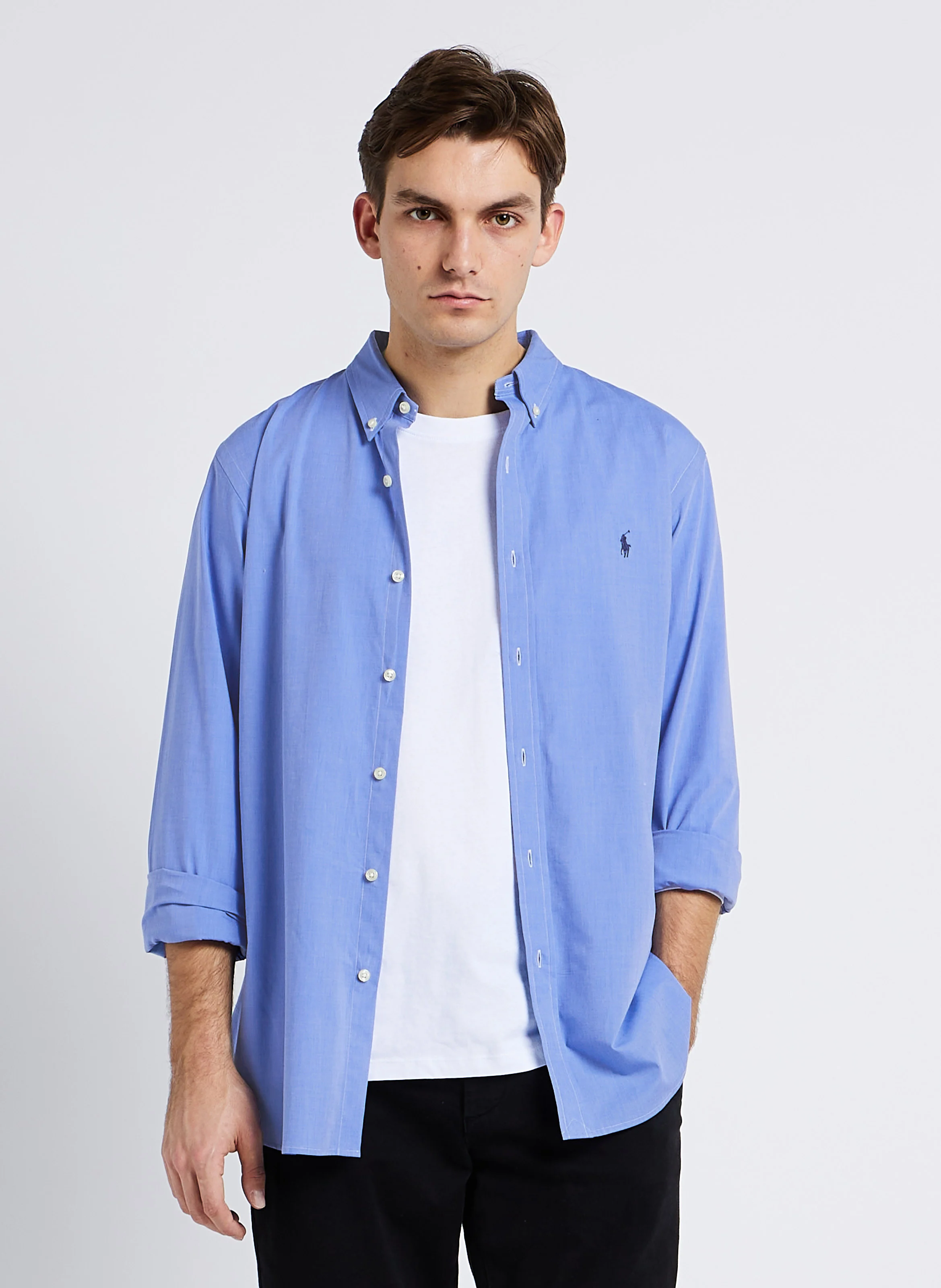 Chemise col américain en coton mélangé | Bleu