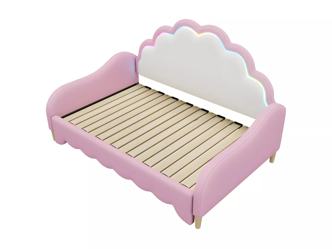 Lit enfant tirable en similicuir - 140x200cm - avec LED et télécommande - Rose (équipé d'un matelas)