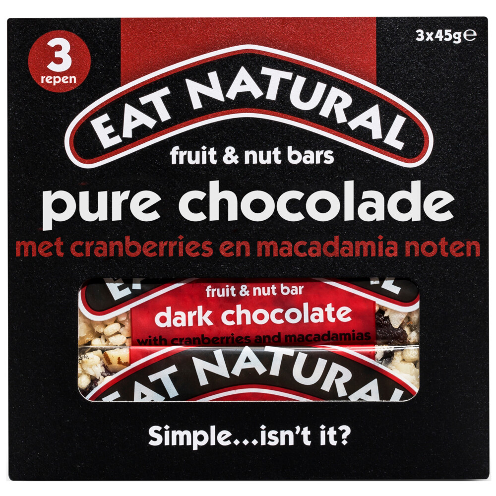 6x Eat natural Fruit Bar Pure Chocolade met Cranberries en Macadamia noten3 x 45 gr