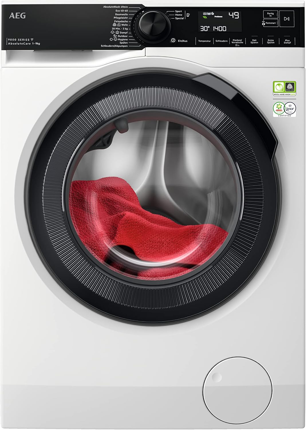 AEG WiFi Waschmaschine, Serie 9000 mit AbsoluteCare, SoftWater – Wasservorenthärtung, ProSteam – Auffrischfunktion, 9,0 kg, Leise, Mengenautomatik, Nachlegefunktion, 1400 U/min, LR9W75490