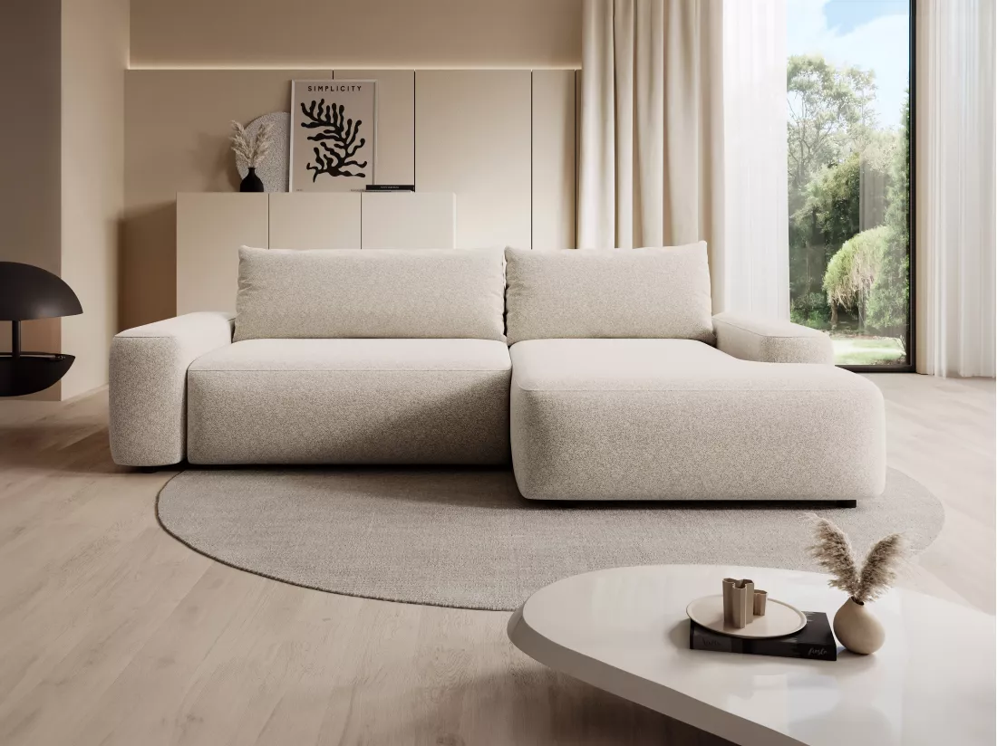 Canapé d'angle droit convertible en tissu texturé crème DAVISO