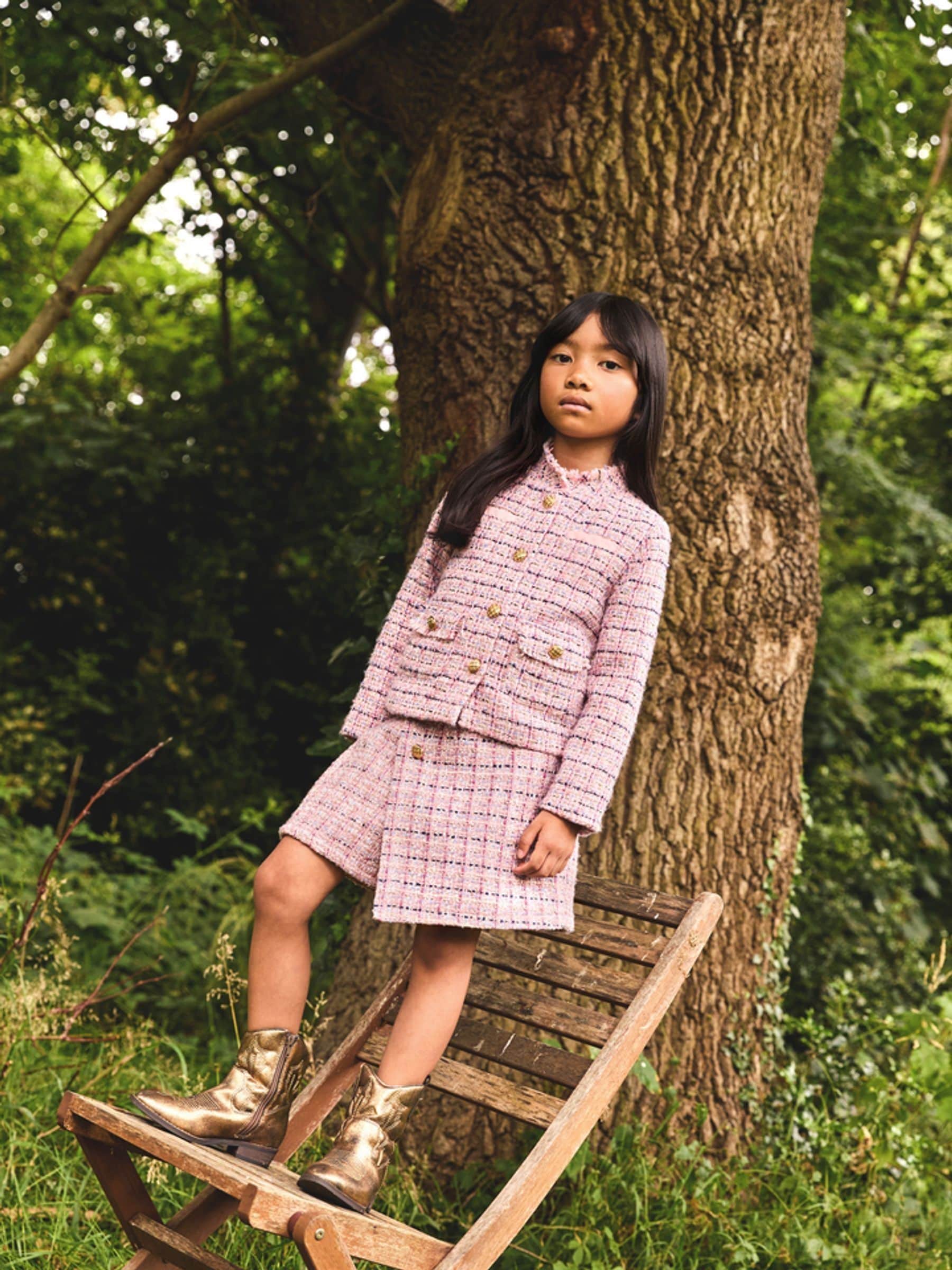Monsoon set van top met lange mouwen en kraag en tweed rok