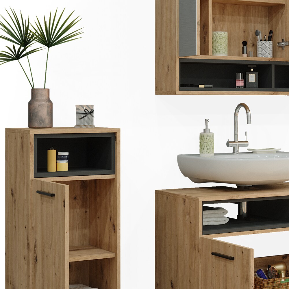 Vicco Badmöbel-Set Badezimmer-Möbel Bad-Schrank Beatrice Eiche Anthrazit modern Badezimmerschrank Waschtischunterschrank Spiegelschrank Midischrank Schranktür Schrankfach