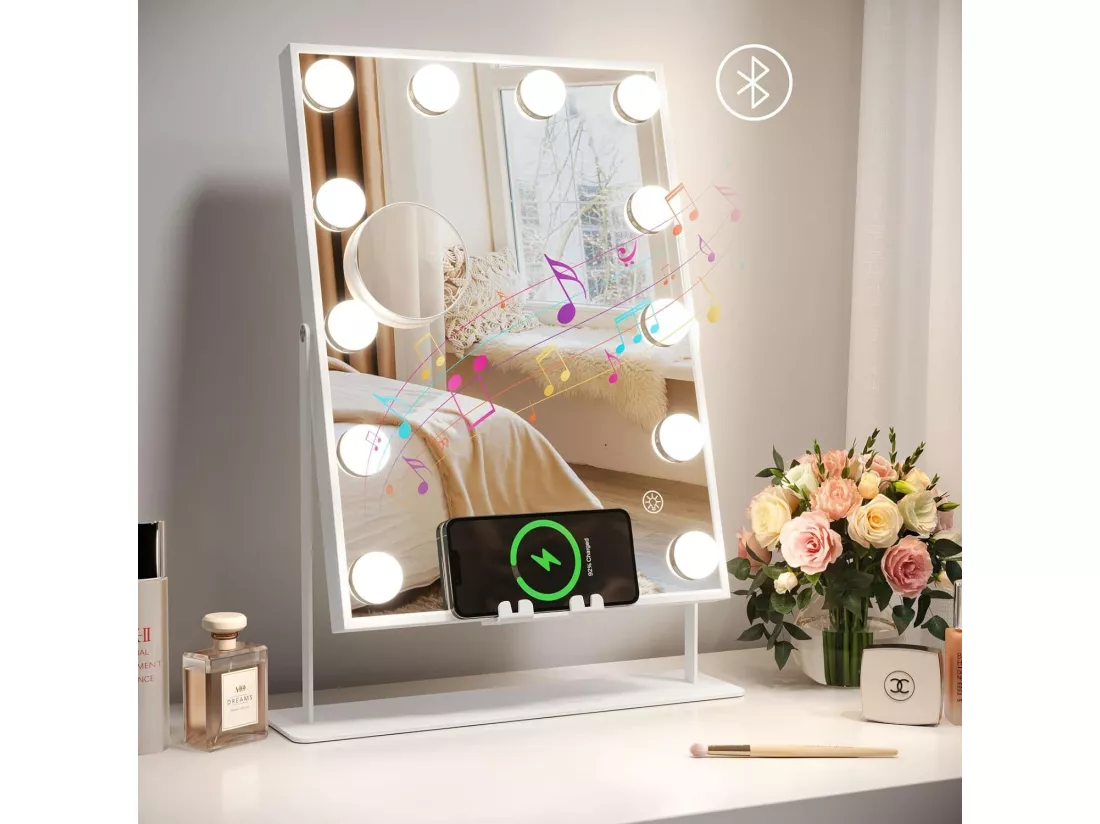 Miroir de maquillage intelligent Avec Bluetooth et miroir LED rechargeable sans fil 12 ampoules LED dimmables blanc 30cm x 41cm