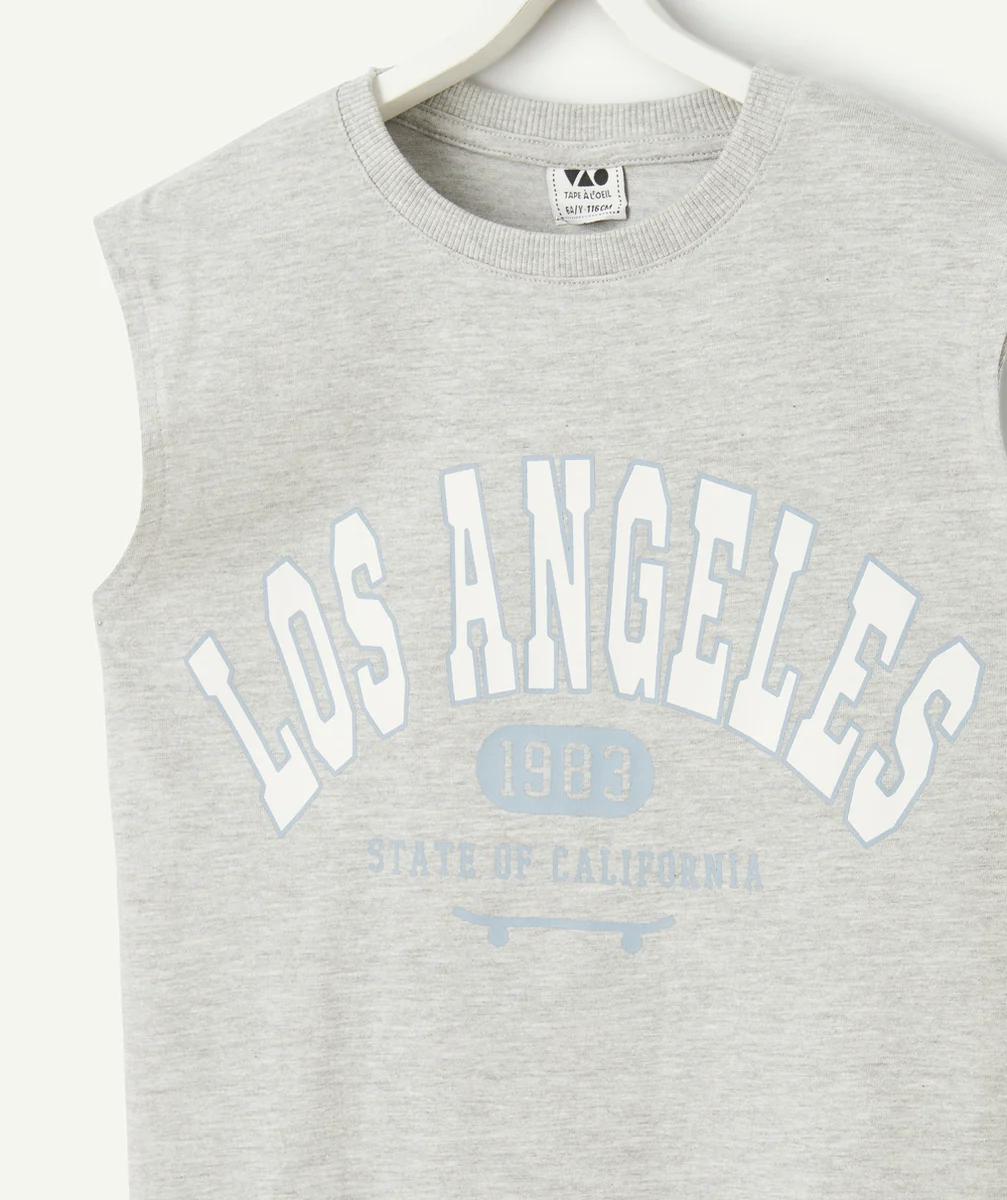 t-shirt sans manches garçon en coton bio gris motif campus