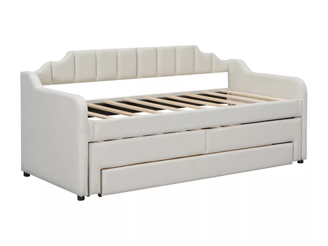 Lit gigogne 90x200+90x190cm, lit d'enfant capitonné avec caisson à roulettes, tiroirs, canapé-lit, beige