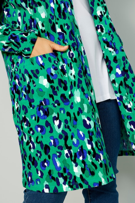 Long-Sweatjacke, offene Form, farbiger Print, Rücken-Schrift