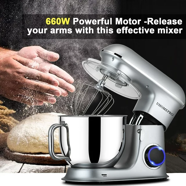 Batedeira de pedestal uhomepro de 7,5 QT para cozinha, 6 velocidades + 0 + P, cabeça inclinável, 660 W, batedeira elétrica para massa, uso doméstico e comercial, com gancho para massa, batedor, batedor de ovos, espátula, própria para lava-louças.